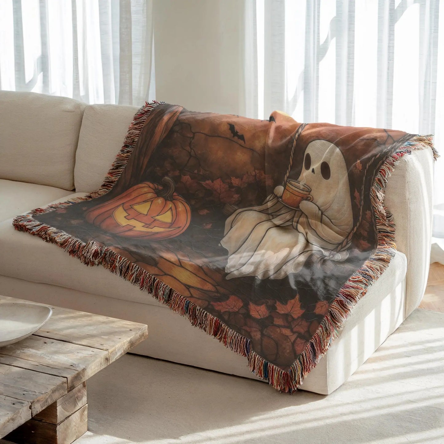 Moon Ghost Blanket - Cozy Halloween Throw Blanket With Pumpkin & Bat Design