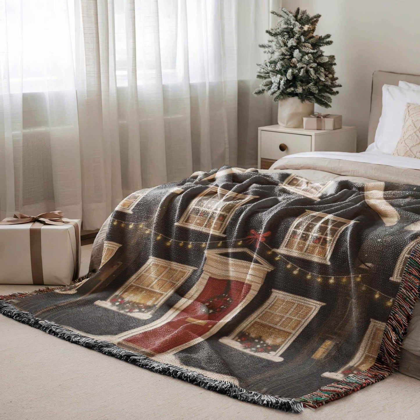 Christmas Village Blanket - Cozy Woven Throw | Festive Folk Art Holiday Decor - timelessbohochic.com