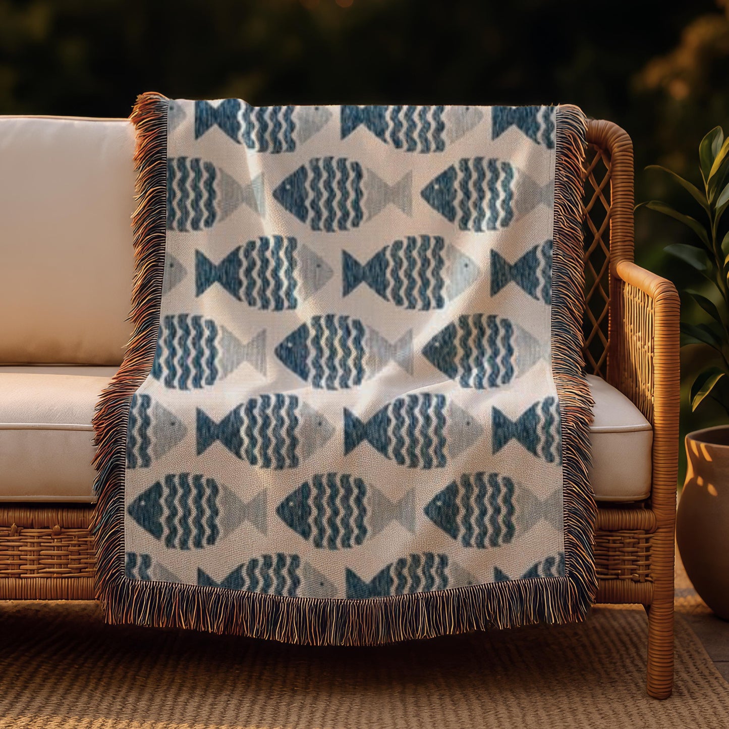 Coastal Boho Throw - Soft Cotton Throw Blanket With Nautical Fish Motif & Fringed Edges