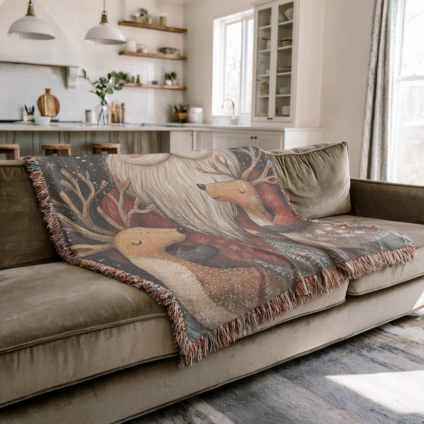 Christmas Woven Blanket – Cozy Cotton Throw with Santa Claus Reindeer Design - timelessbohochic.com