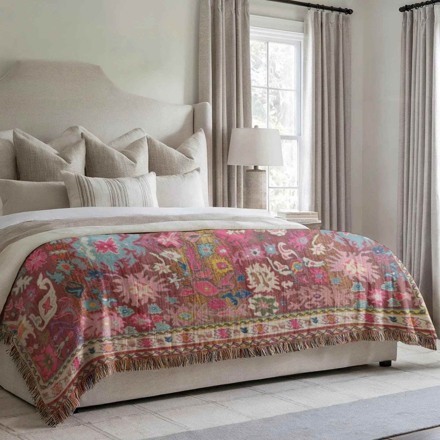 Persian Rug Throw Blanket - Woven Cotton Cozy Living Room Blanket with Colorful Fringed Edges - timelessbohochic.com