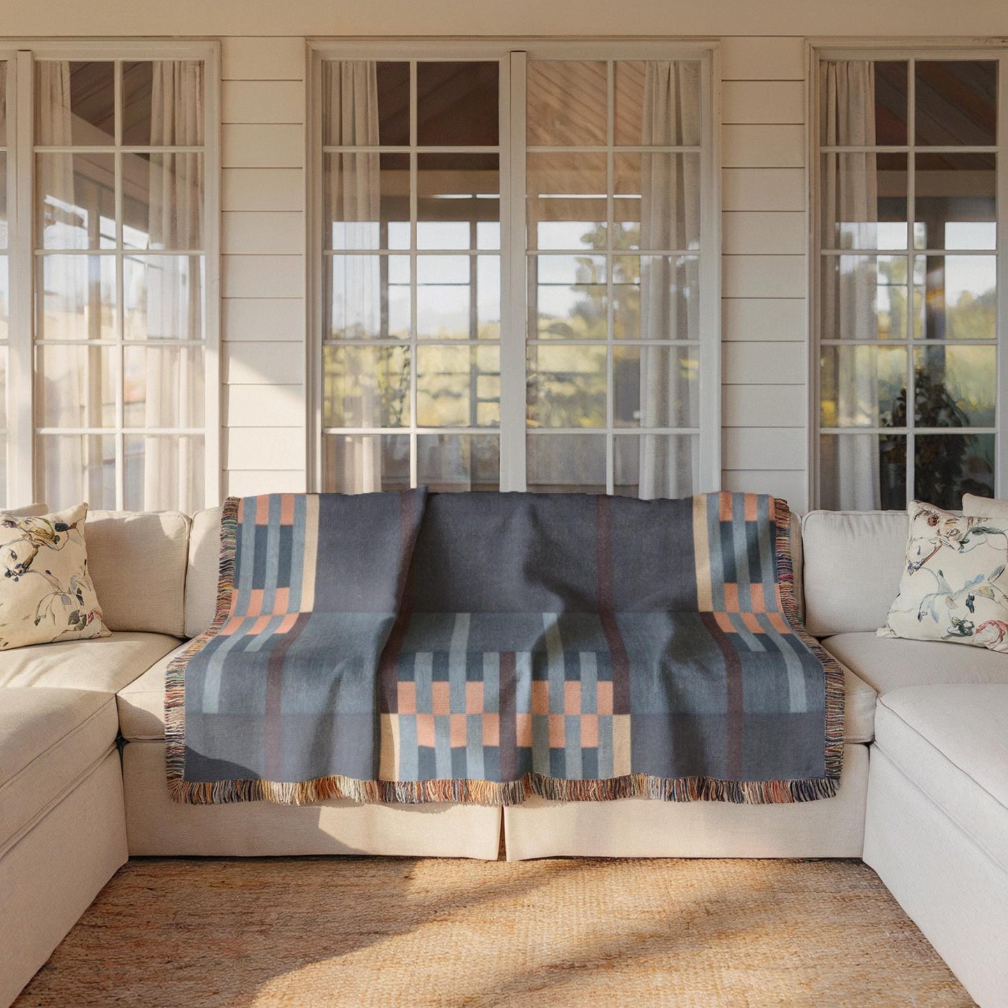 Cotton Woven Throw - Mid Century Modern Patio Picnic Blanket with Colorful Fringed Edges