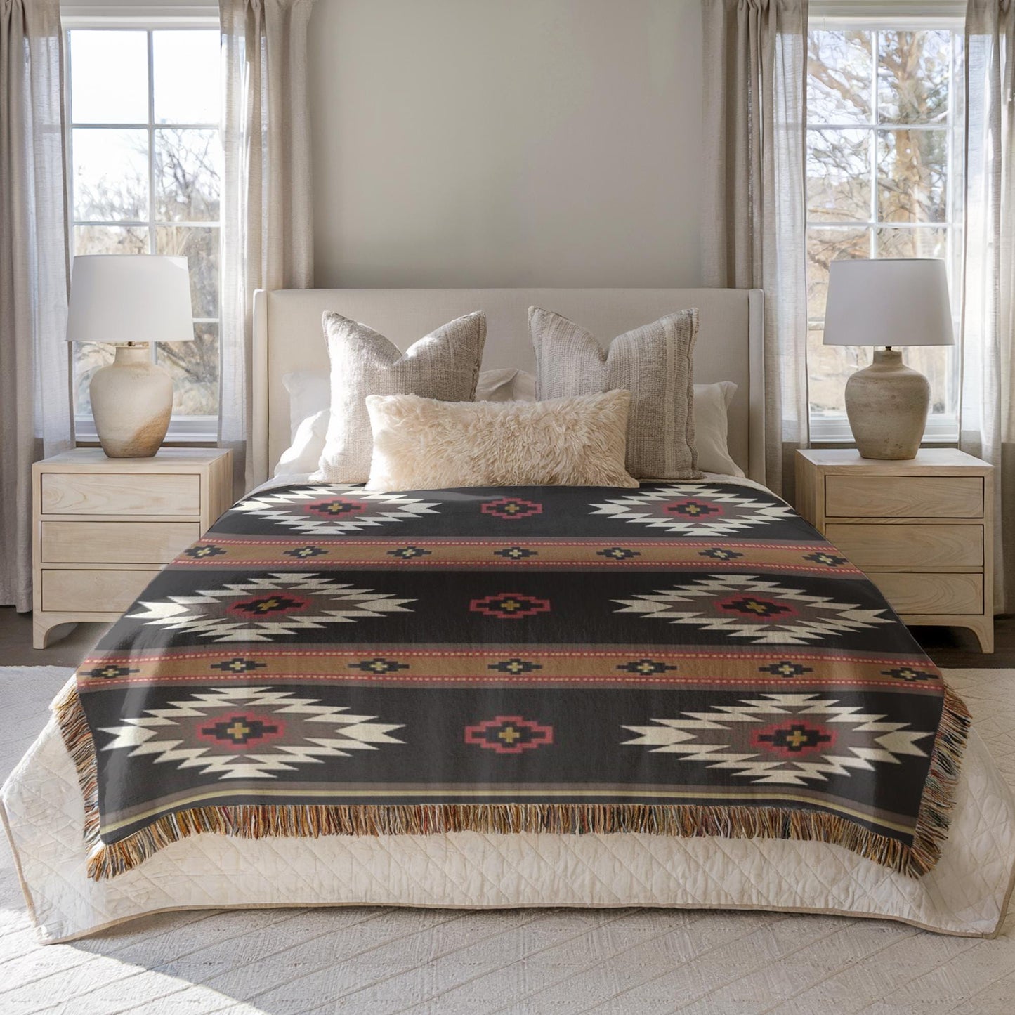 a bedroom with a large bed, a patterned blanket, and two nightstands with lamps. The bed has a white headboard and is surrounded by pillows. The room has large windows that allow natural light to enter, and the overall decor has a modern and minimalist style.
