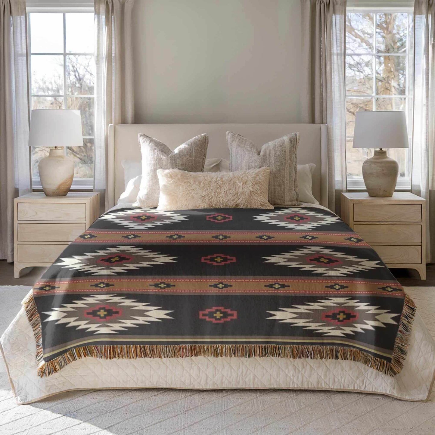 Southwestern Cotton Throw Blanket – Cozy Ikat Design with Fringed Edge - timelessbohochic.com