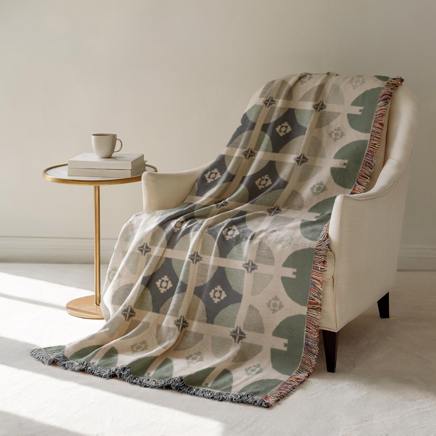 Woven Cotton Blanket – Sage Green Throw | Modern Home Decor, Geometric Design