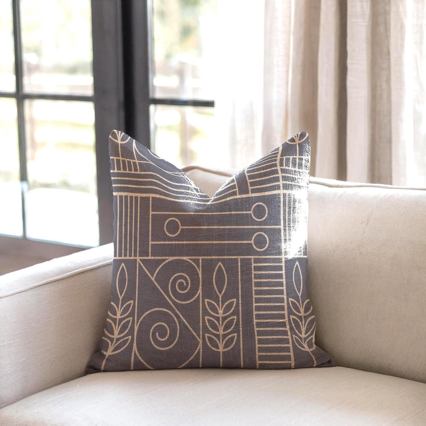 Woven Cushion Cover - Dark Blue Beige Geometric Pillow with Golden Accent
