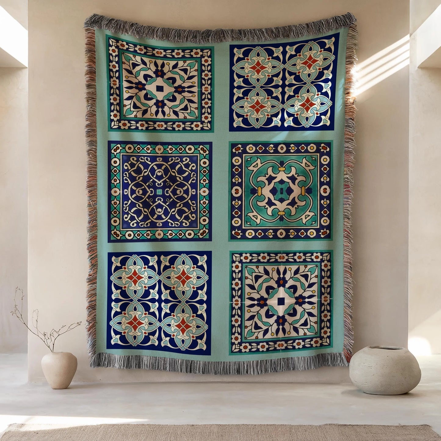 Cotton Throw Blanket - Persian Tile Tapestry | Boho Bedroom Accent & Cozy Couch