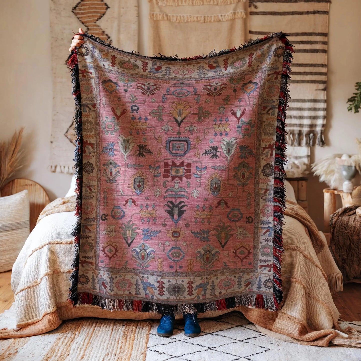 Pink Throw Blanket - Boho Wall Art Woven Turkish Rug Decor with Colorful Fringe
