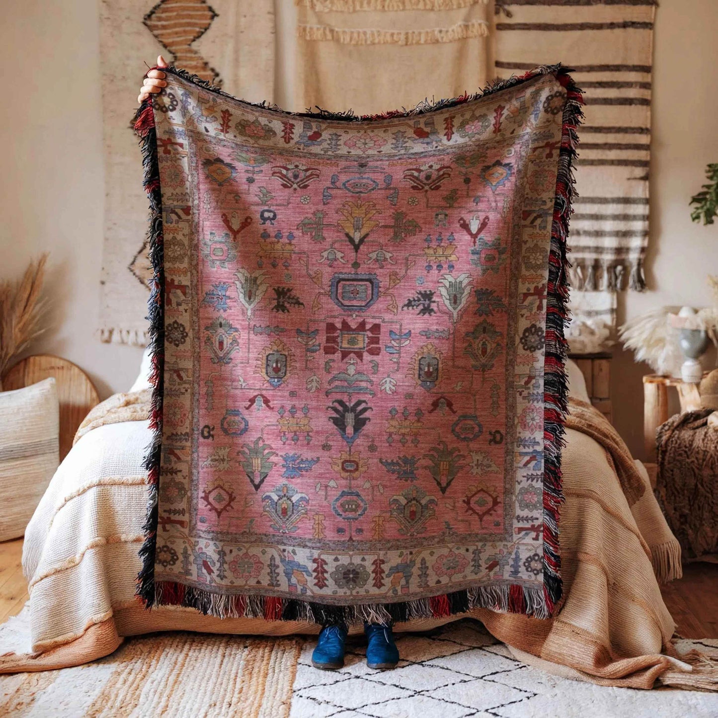 Pink Boho Throw Blanket - Woven Turkish Rug Decor with Colorful Fringe - timelessbohochic.com