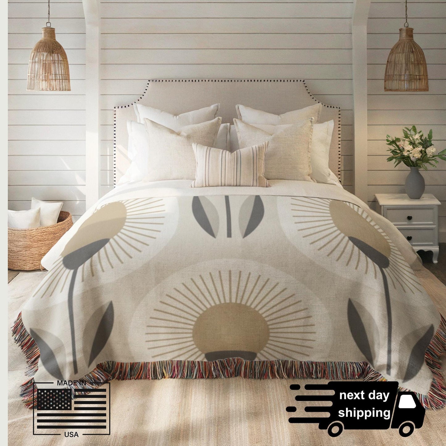 Cotton Woven Blanket - Floral Throw With Textured Fabric & Fringed Edges