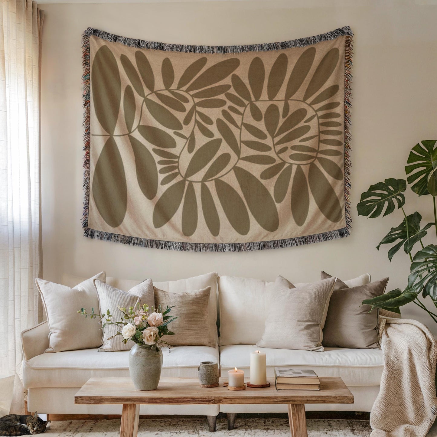 Mid Century Modern Tapestry – Scandi Woven Wall Hanging With Leaves Pattern