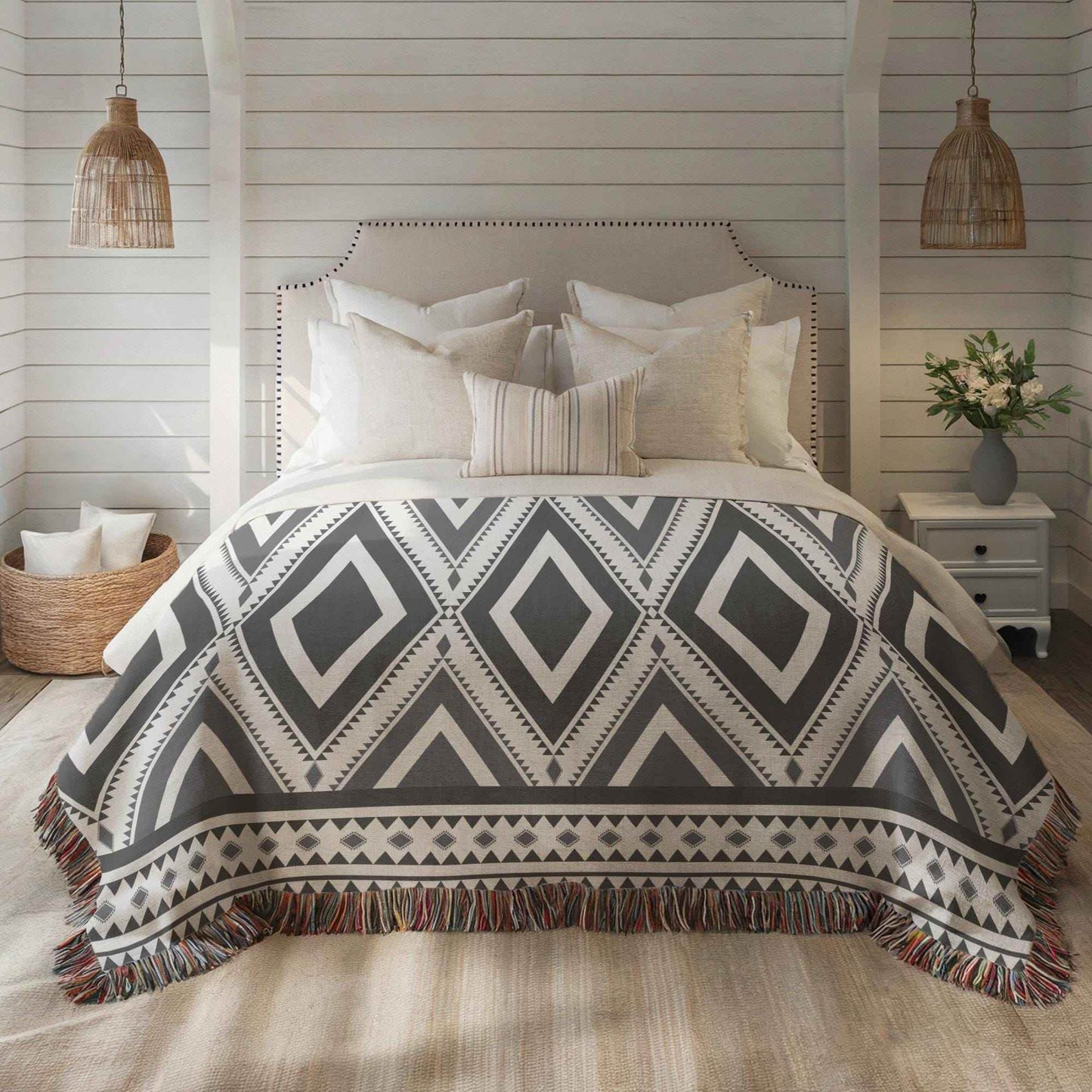 Southwestern Throw Blanket - Boho Cotton Throw with Tribal Pattern and Fringed Edges - timelessbohochic.com