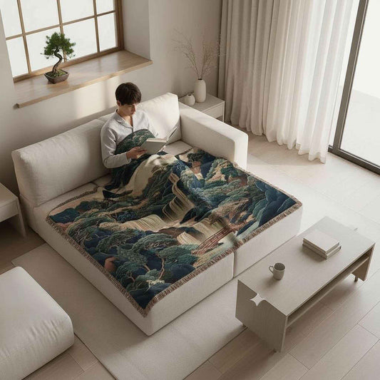 Boho woven blanket with woven pattern styled for layered home decor