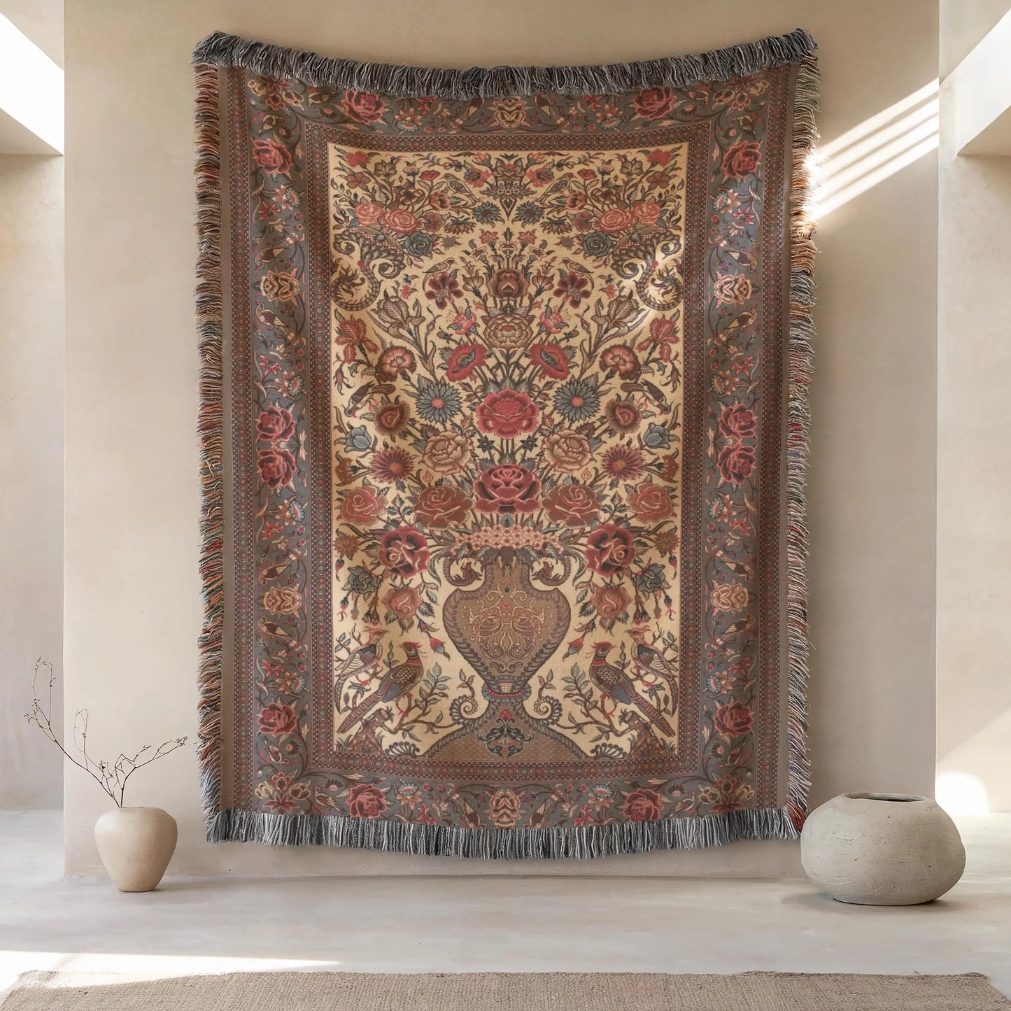 Persian Vase Woven Wall - Cotton Throw Blanket With Colorful Fringed Edges