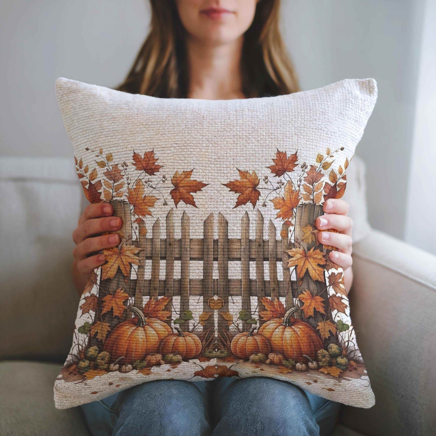 Rustic Autumn Pillow - Woven Cotton Pillow | Pumpkin Leaf Design Cushion - timelessbohochic.com