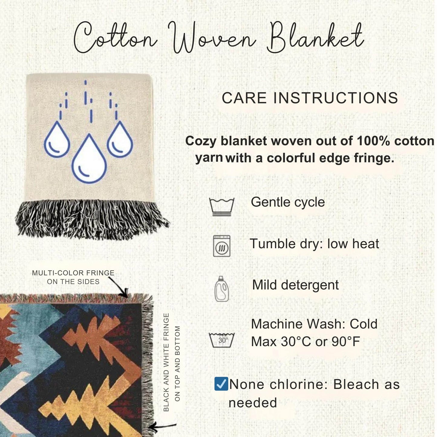 Southwest Native American Blanket - Cotton Woven Throw With Rustic Navajo Print - timelessbohochic.com