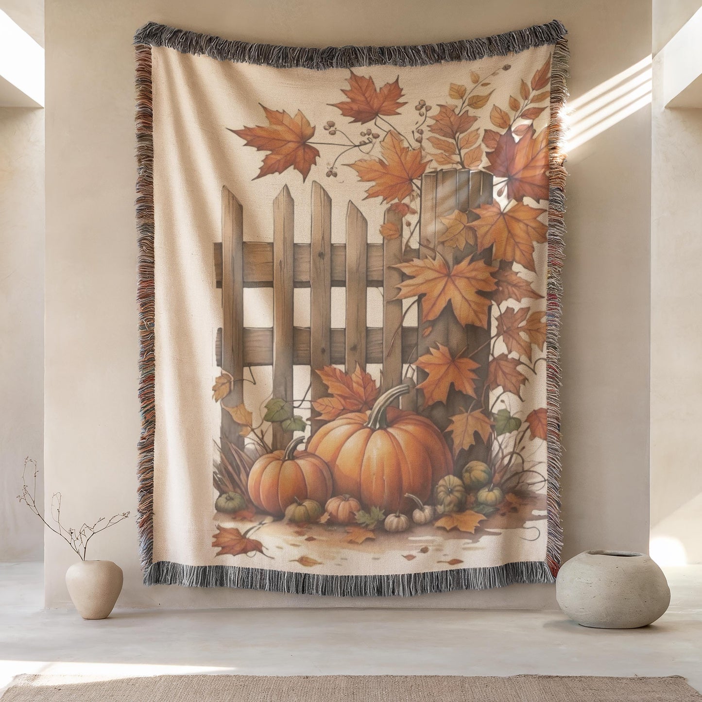 Woven Tapestry, Fall Leaves and Pumpkins Textile Art, Harvest Season Decoration, Fall Home Decor, Autumn Cozy Wall Hanging Thanksgiving Gift