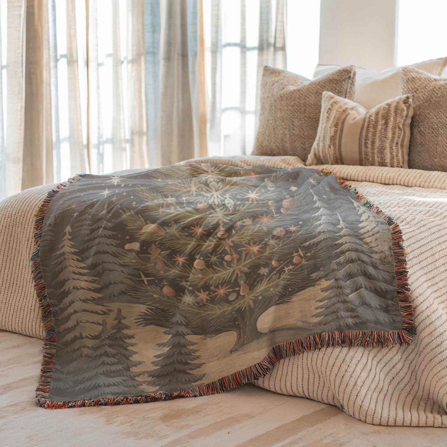 Christmas Tree Blanket - Cozy Woven Cotton Throw With Festive Fringed Edges - timelessbohochic.com