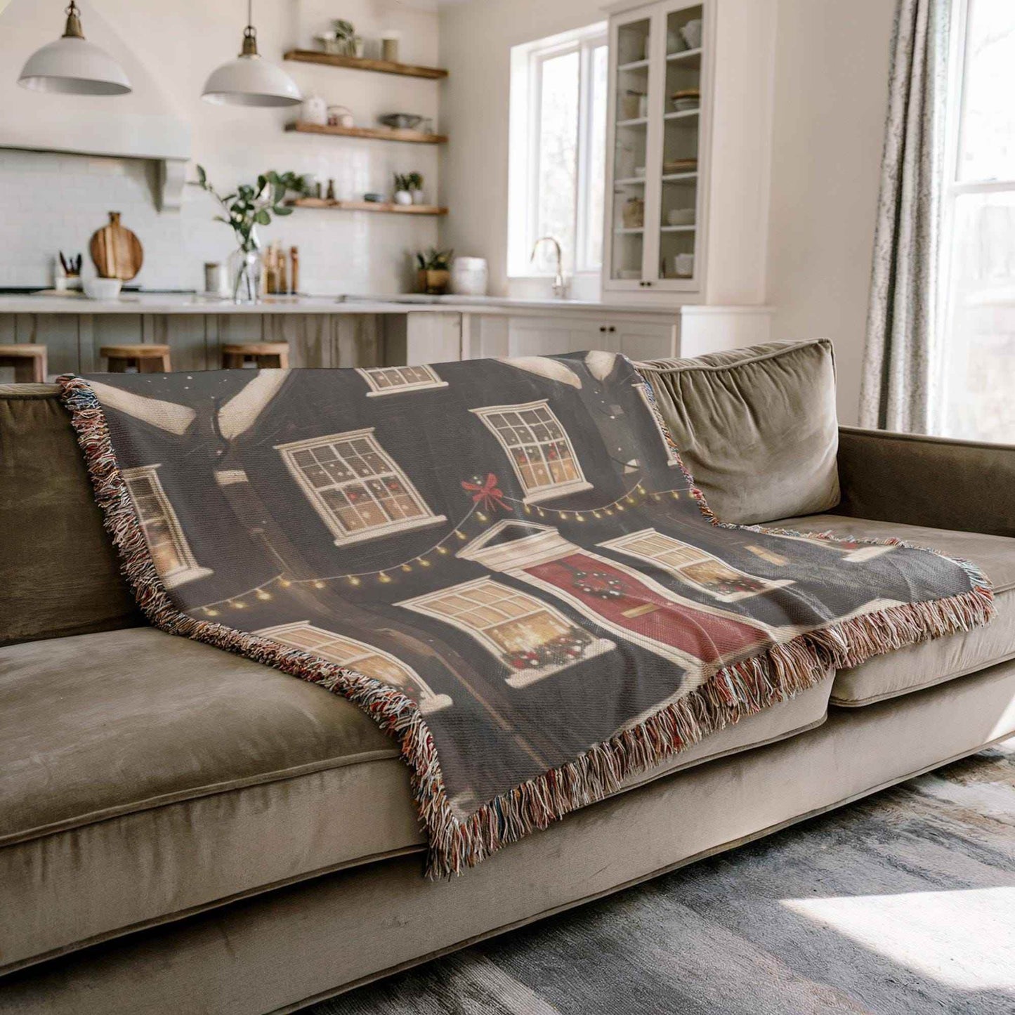Christmas Throw Blanket – Cozy Woven Cotton Holiday Village Design Blanket - timelessbohochic.com