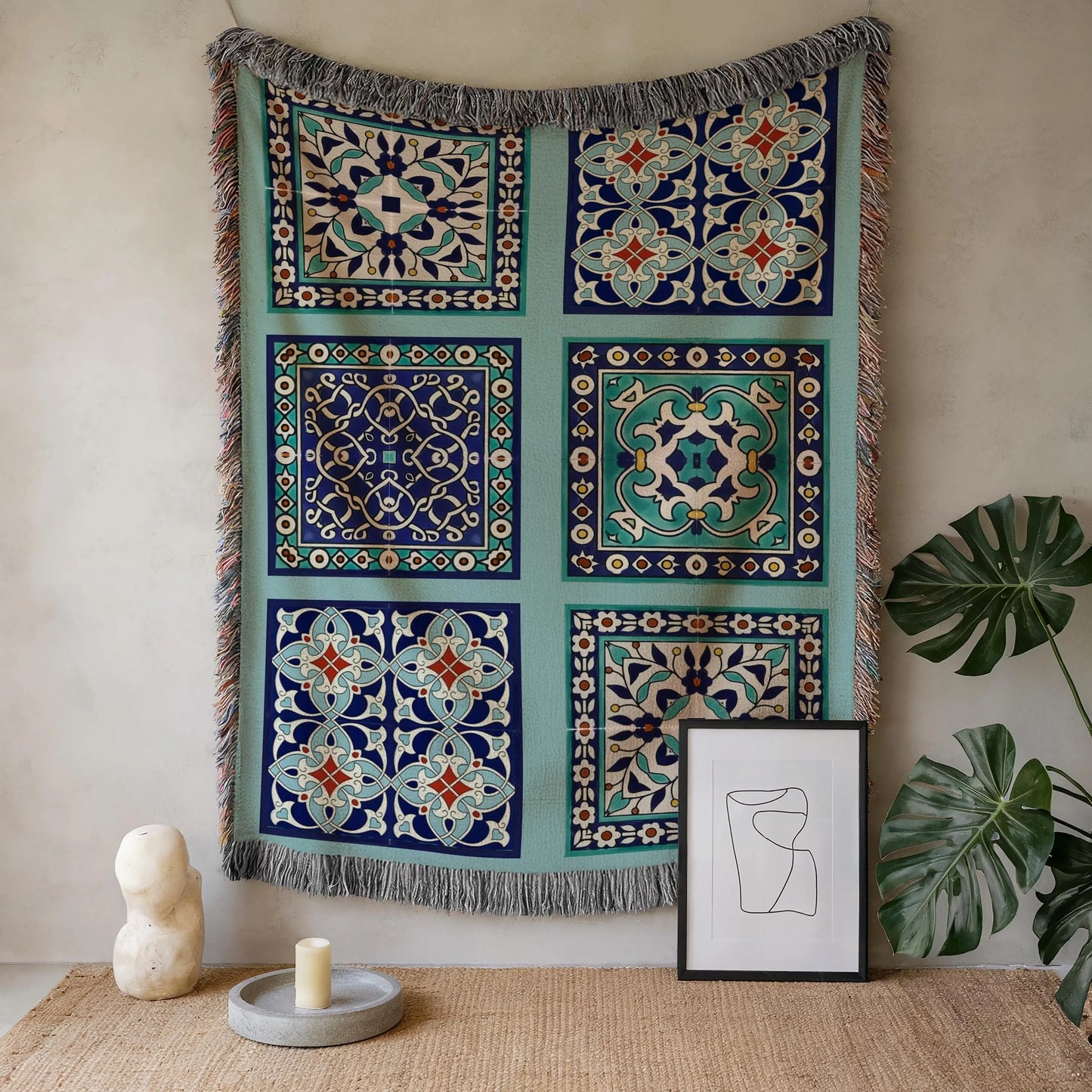 Cotton Throw Blanket - Persian Tile Tapestry | Boho Bedroom Accent & Cozy Couch