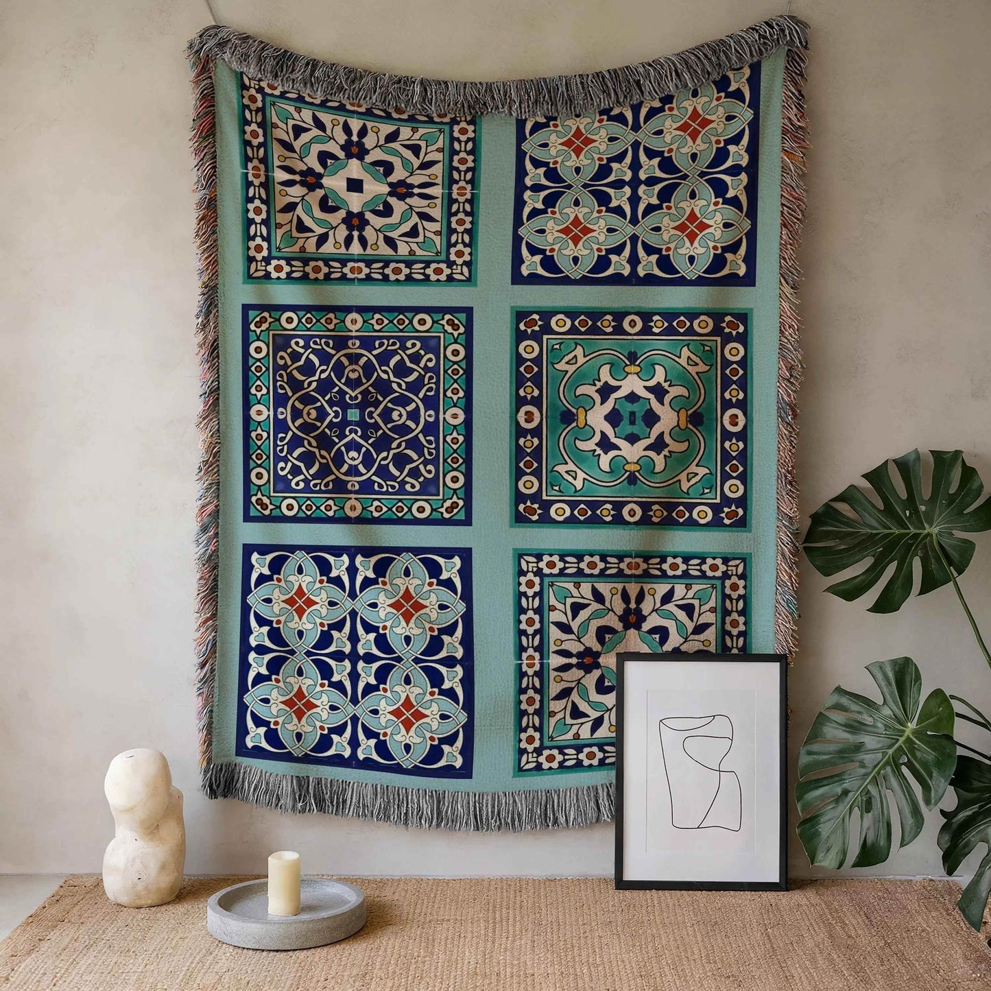Cotton Throw Blanket - Persian Tile Tapestry for Boho Bedroom Accents & Cozy Couch - timelessbohochic.com