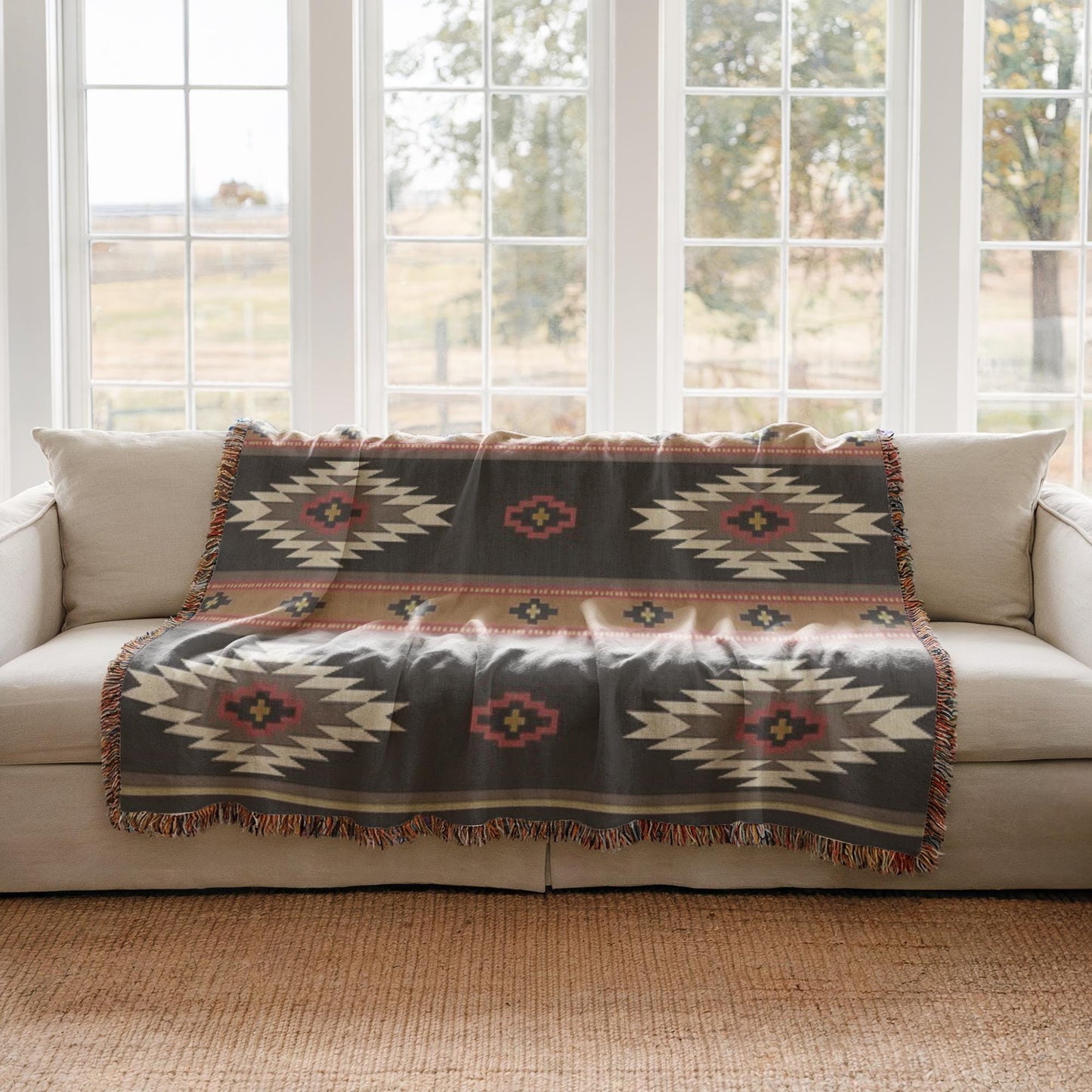 a cozy living room with a beige sofa and a large, colorful, patterned blanket draped over it. The blanket features a geometric design with red and black accents. The sofa is positioned in front of a large window, which offers a view of a field and trees outside. The overall scene conveys a warm and inviting atmosphere.