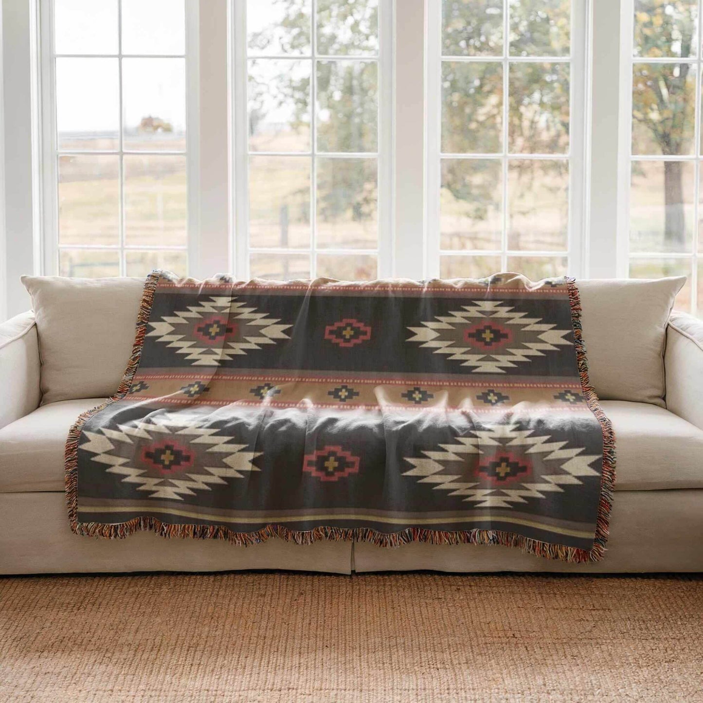 Native American Blanket – Southwestern Throw With Ikat Pattern & Fringed Edge - timelessbohochic.com
