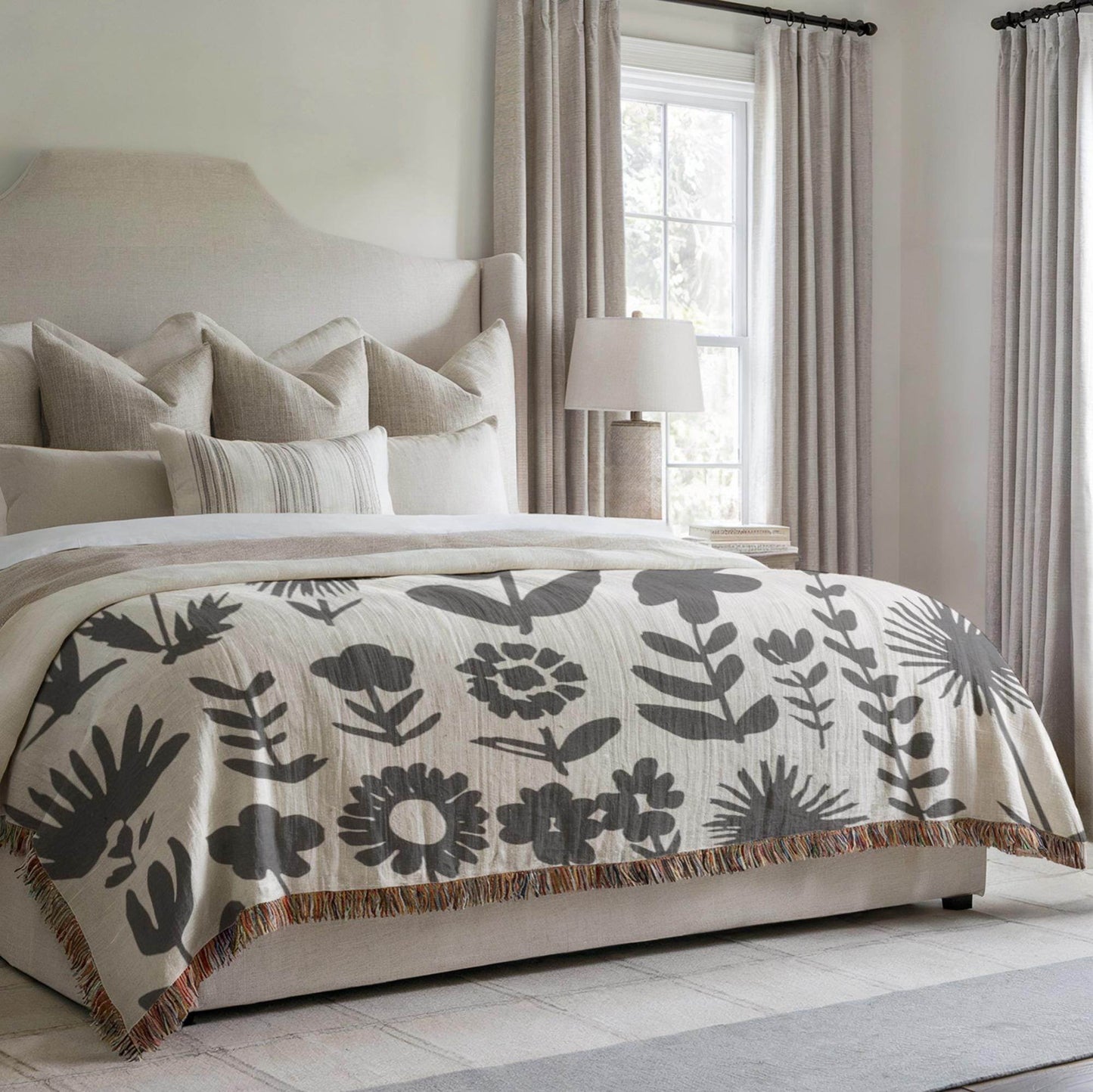 Wildflowers Meadows Blanket - Handmade Woven Throw With Botanical Print, Cozy Cotton - timelessbohochic.com