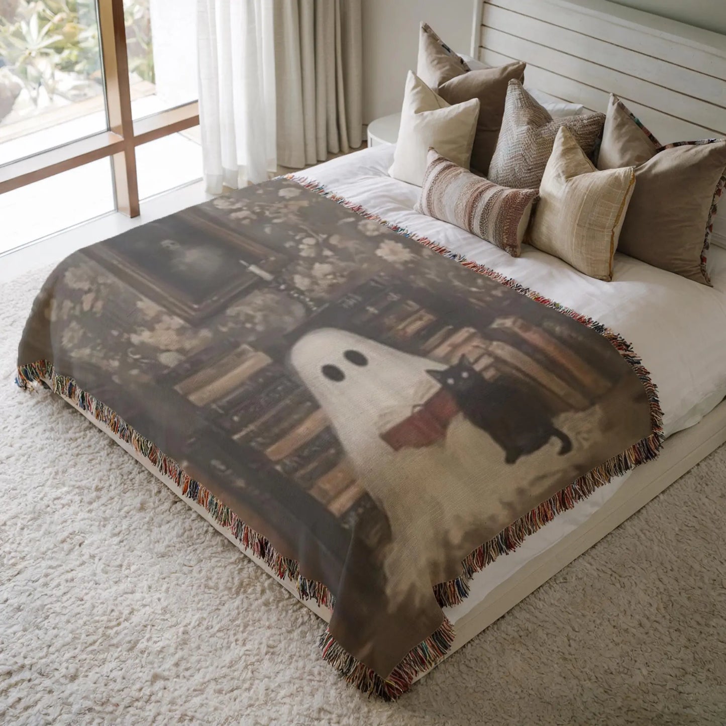 Ghost Book Blanket – Soft Cotton Throw | Cat Cozy Throw | Halloween Home Decor