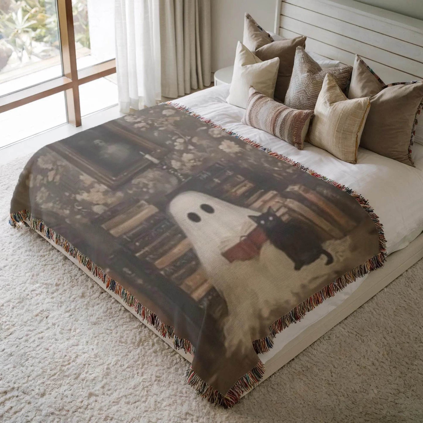 Ghost Book Blanket – Soft Cotton Throw | Cat Cozy Throw | Halloween Home Decor - timelessbohochic.com