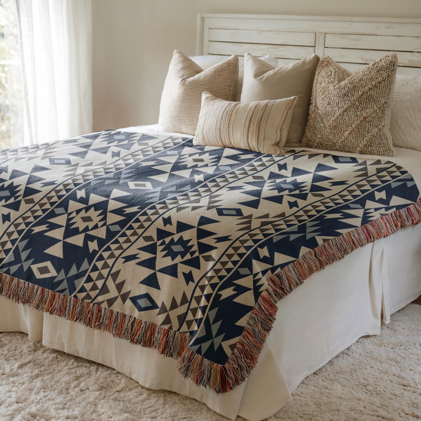 Native American Blanket – Tribal Pattern Cotton Throw With Colorful Fringed Edges