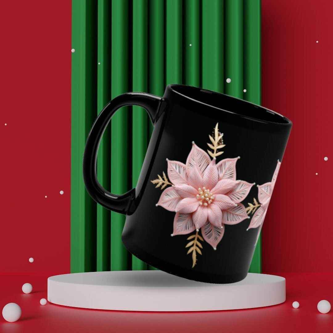 Holiday Ceramic Mug – Pink Poinsettia Glossy Finish Cup | Microwave Safe Gift - timelessbohochic.com