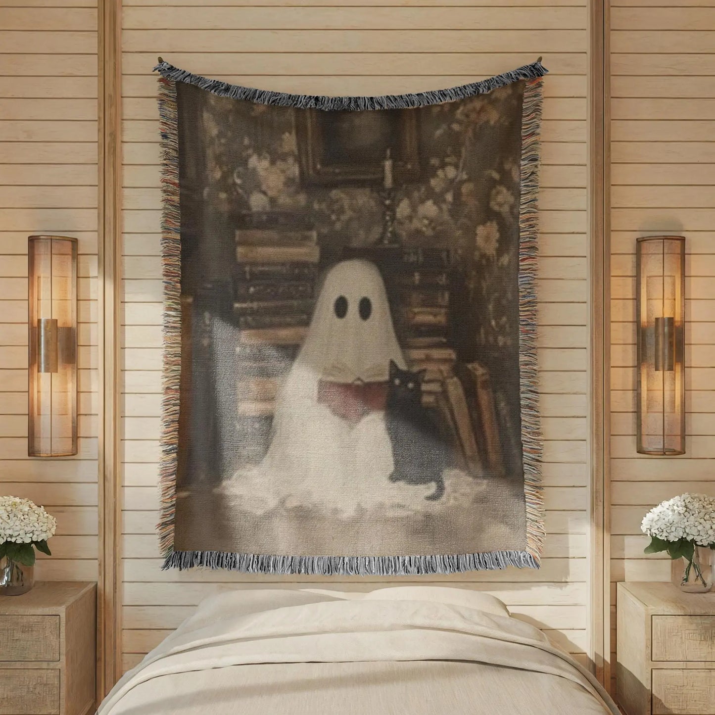 Ghost Book Cat Blanket – Soft Cotton Throw With Fringed Edges, Cozy Reading Nook Decor