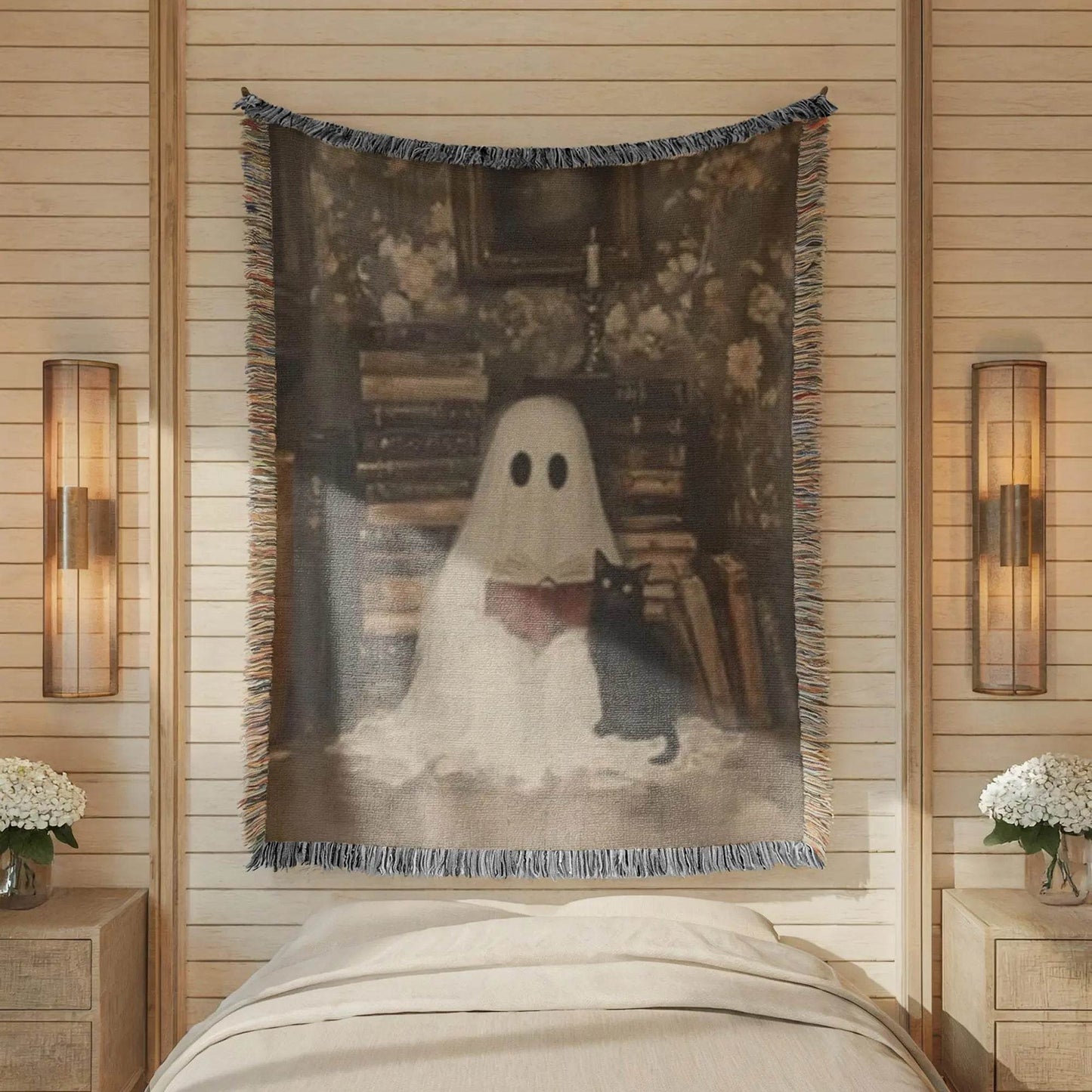 Ghost Book Cat Blanket – Soft Cotton Throw With Fringed Edges, Cozy Reading Nook Decor - timelessbohochic.com