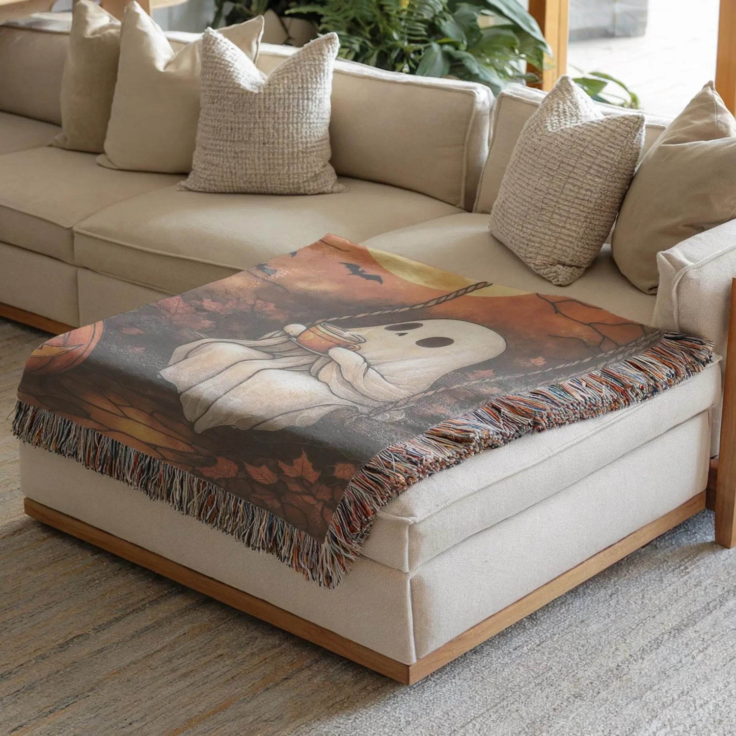 Moon Ghost Blanket - Cozy Halloween Throw Blanket With Pumpkin & Bat Design - timelessbohochic.com
