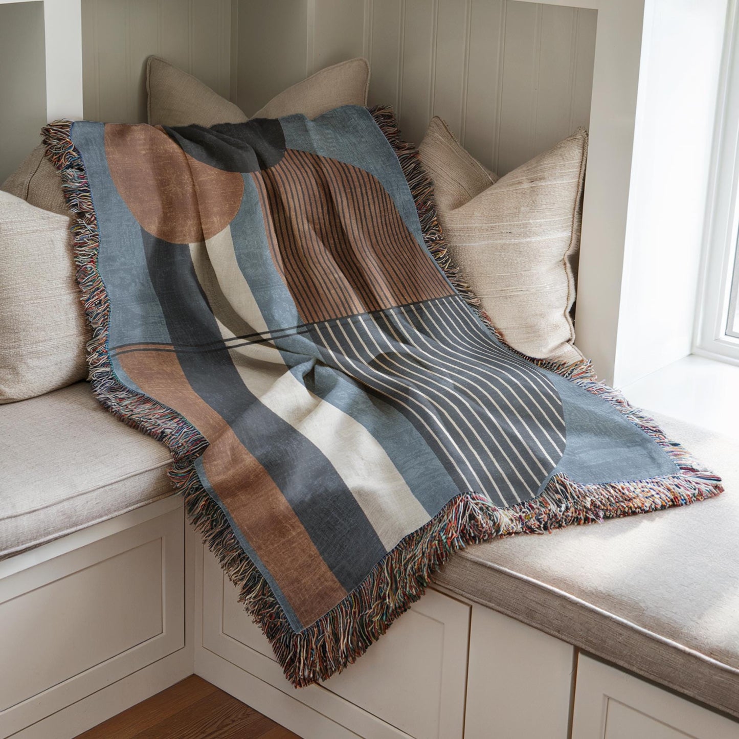 Woven Cotton Blanket - Modern MCM Blue Rust Brown Throw with Colorful Fringed Edges