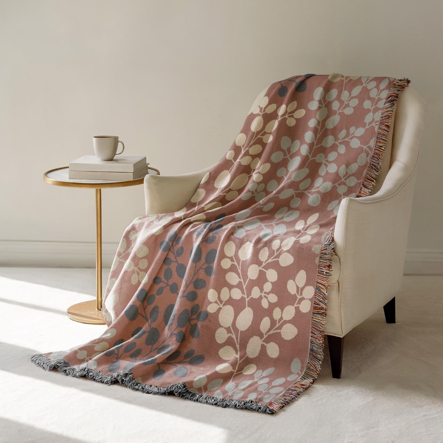 Woven Floral Blanket - Japanese Style Throw With Fringed Edges | Minimalist Home Decor