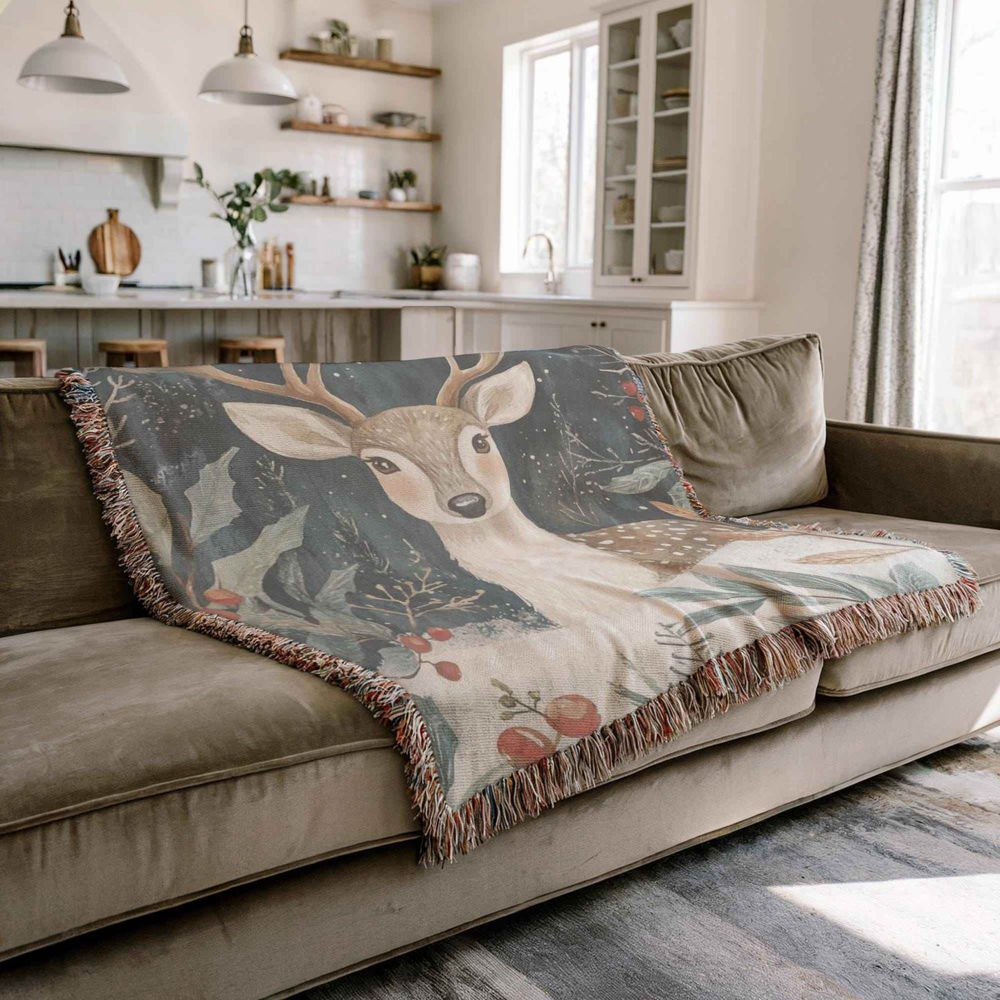 Woodland Animal Throw | Cozy Winter Blanket With Bambi & Holly Design - Rustic Cotton - timelessbohochic.com