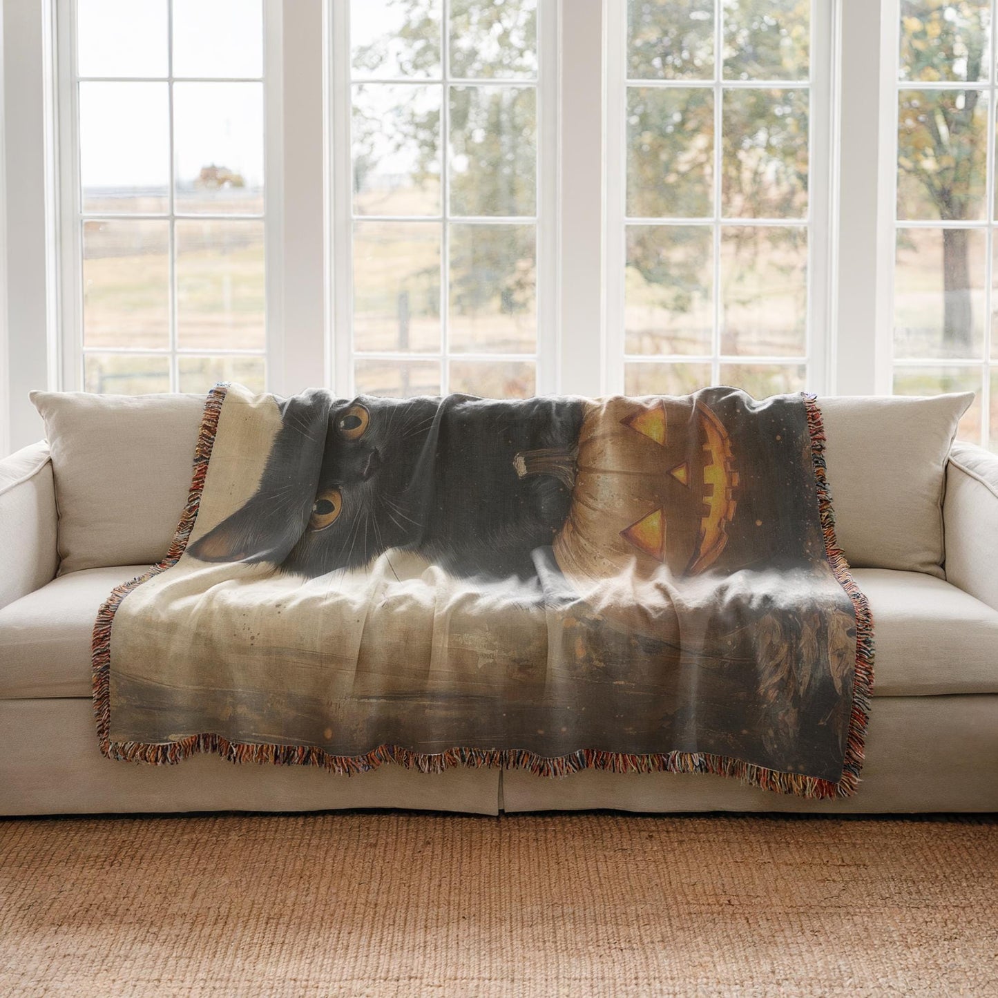 Halloween Throw Blanket – Woven Cotton Cozy Fall Blanket with Black Cat Pumpkin Design