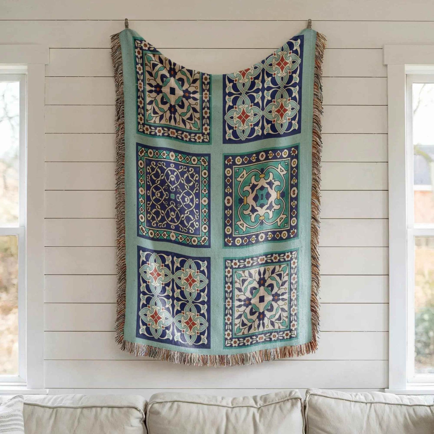 Cotton Throw Blanket - Persian Tile Tapestry for Boho Bedroom Accents & Cozy Couch - timelessbohochic.com