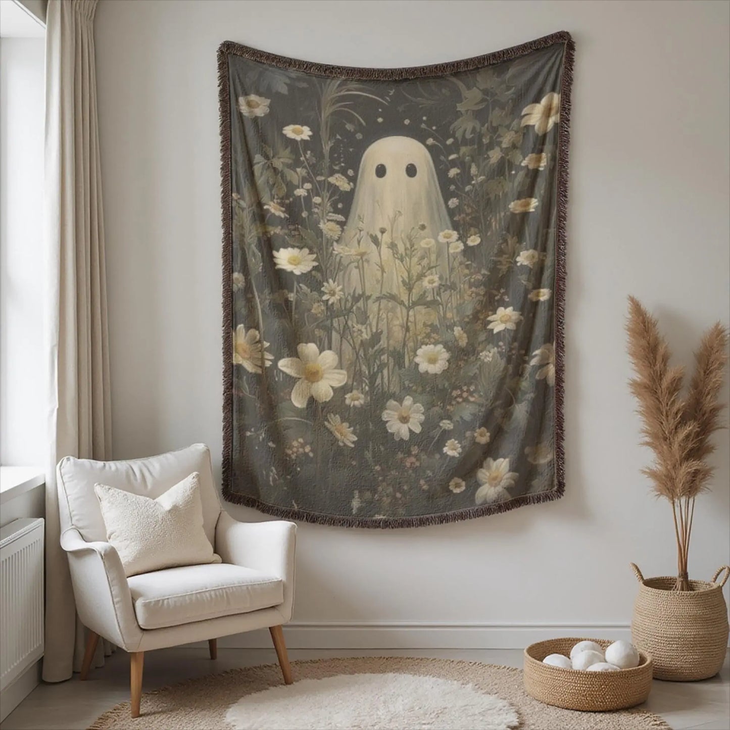 Woven Ghost Tapestry - Boho Gothic Throw With Floral Wildflower Decor