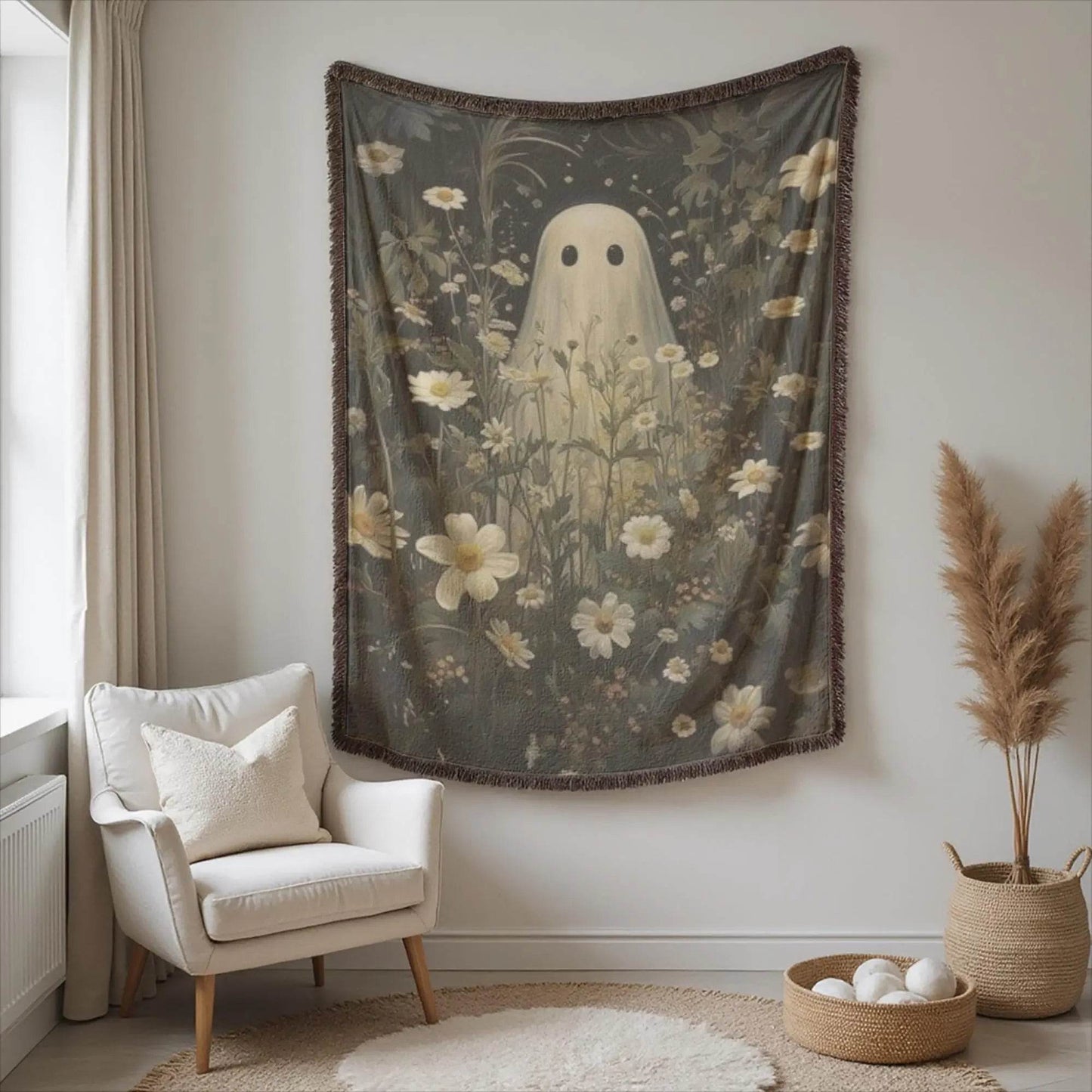 Woven Ghost Tapestry - Boho Gothic Throw With Floral Wildflower Decor - timelessbohochic.com