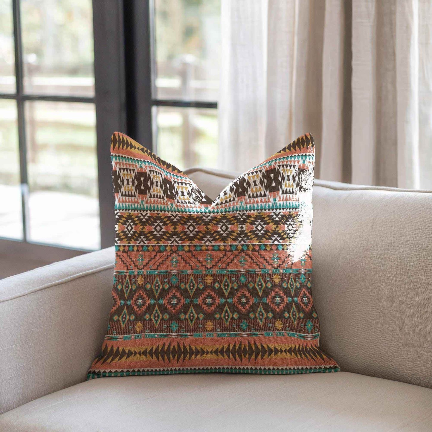 Ikat Cotton Throw Pillow - Cozy Rustic Cushion With Woven Texture & Colorful Fringed Edges - timelessbohochic.com