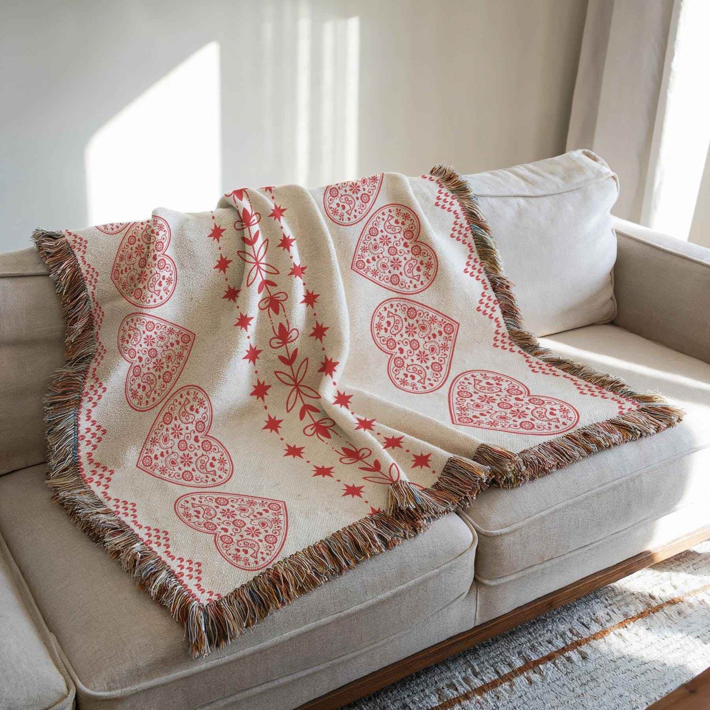 Cotton Throw Blanket - Scandinavian Throw with Red Hearts Design | Soft Cozy Decor - timelessbohochic.com