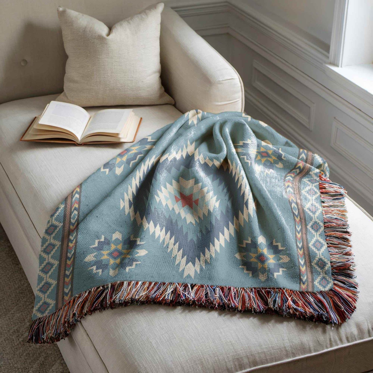 Southwestern Cotton Blanket - Navajo Design Throw With Fringed Edge Blanket - timelessbohochic.com