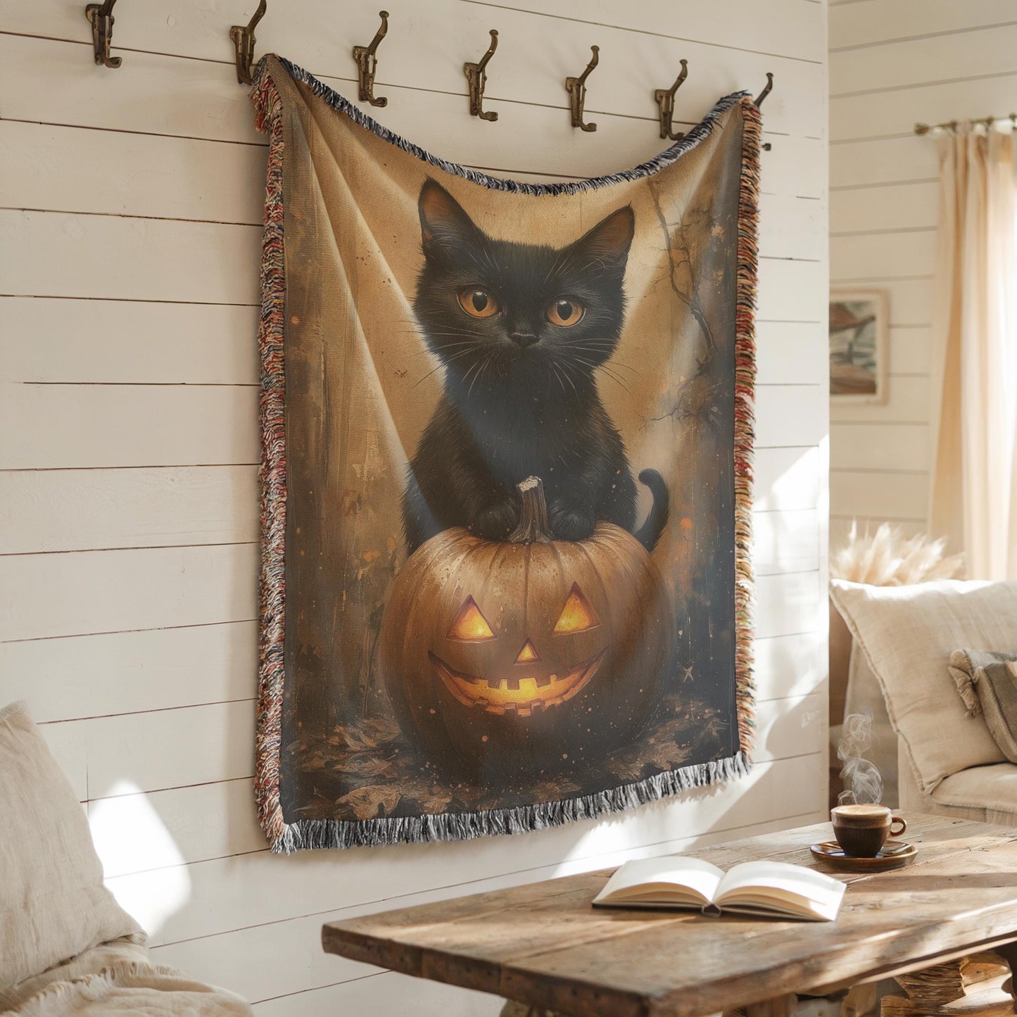 Halloween Woven Tapestry - Cozy Cotton Throw With Cat Pumpkin Design & Fringed Edges