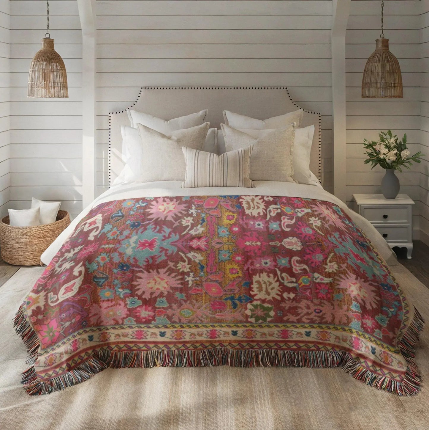 Persian Rug Throw Blanket - Woven Cotton Cozy Living Room Blanket with Colorful Fringed Edges