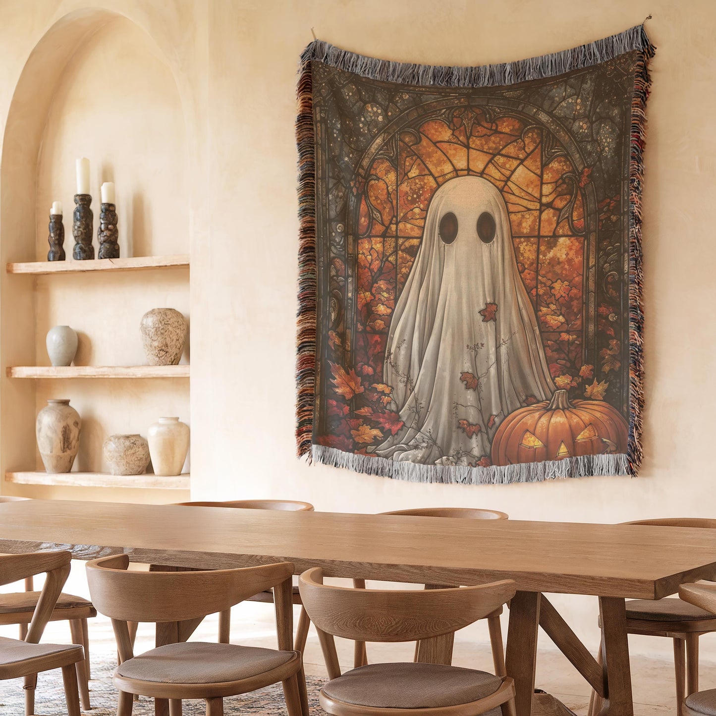 Halloween Ghost Tapestry - Stained Glass Pumpkin Wall Art | Cozy Cotton Throw