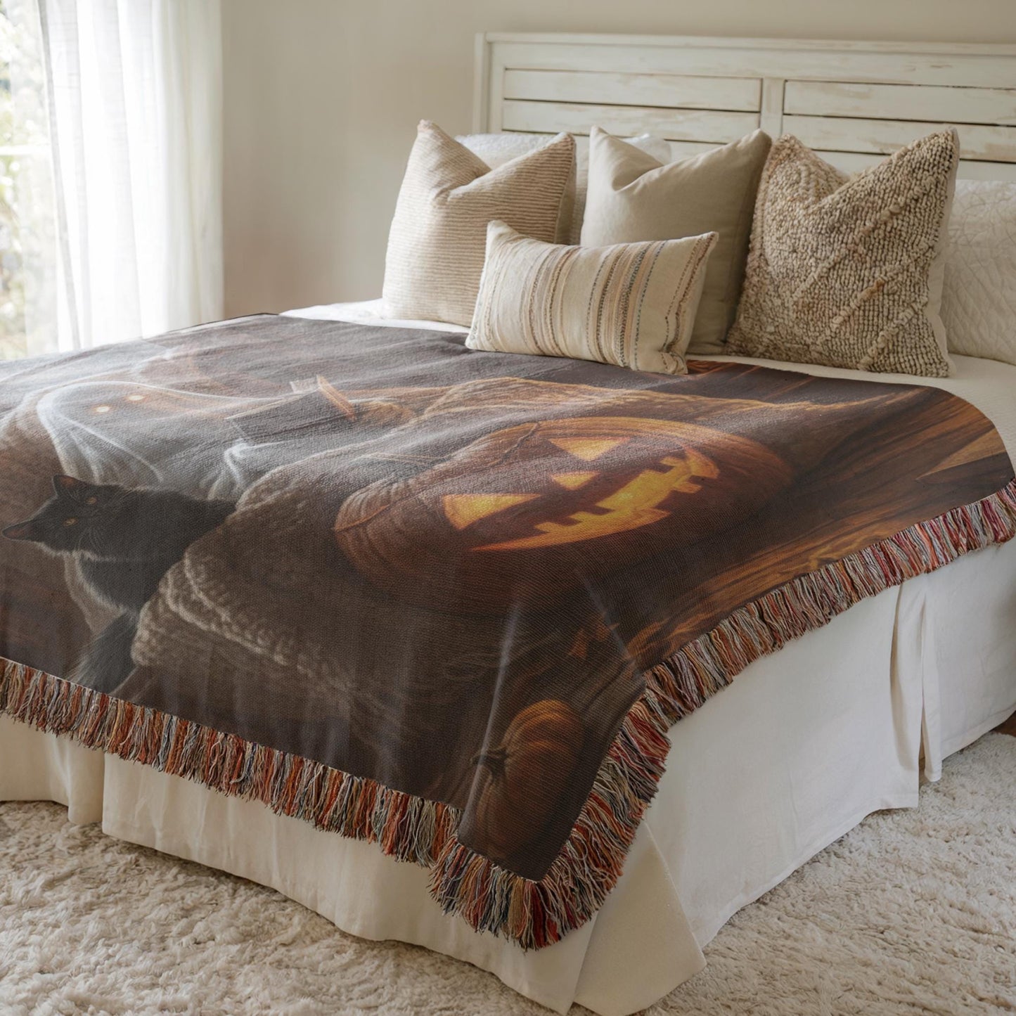 Ghost Woven Blanket – Cozy Fall Cotton Throw with Black Cat Pumpkin Design