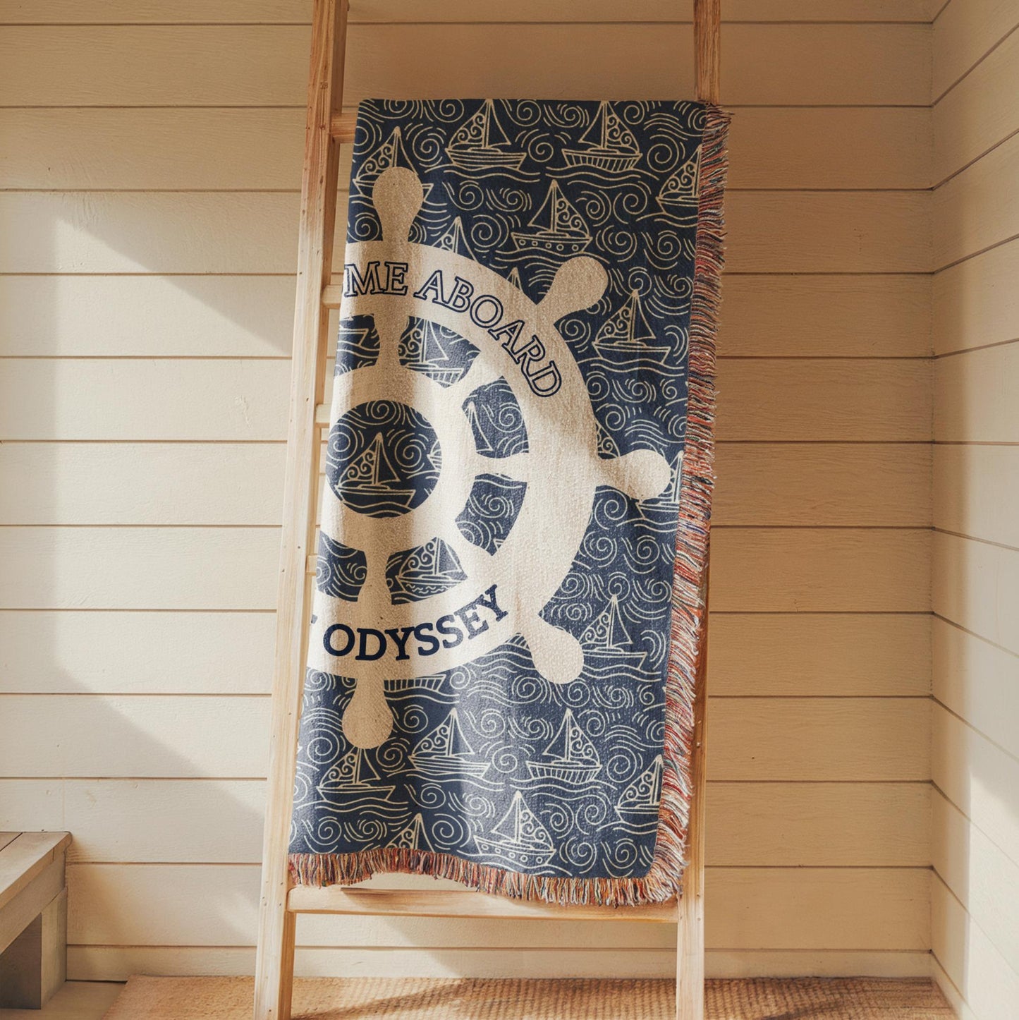 Nautical Woven Blanket – Custom Boat Name Cotton Throw | Coastal Home Decor